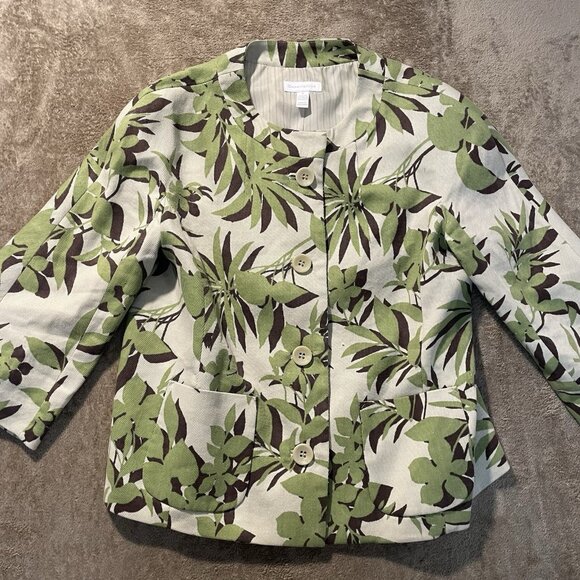 Charter Club Blazer Womens Size 6 Linen Jacket Green Leaves Cream Four Button - Picture 1 of 4